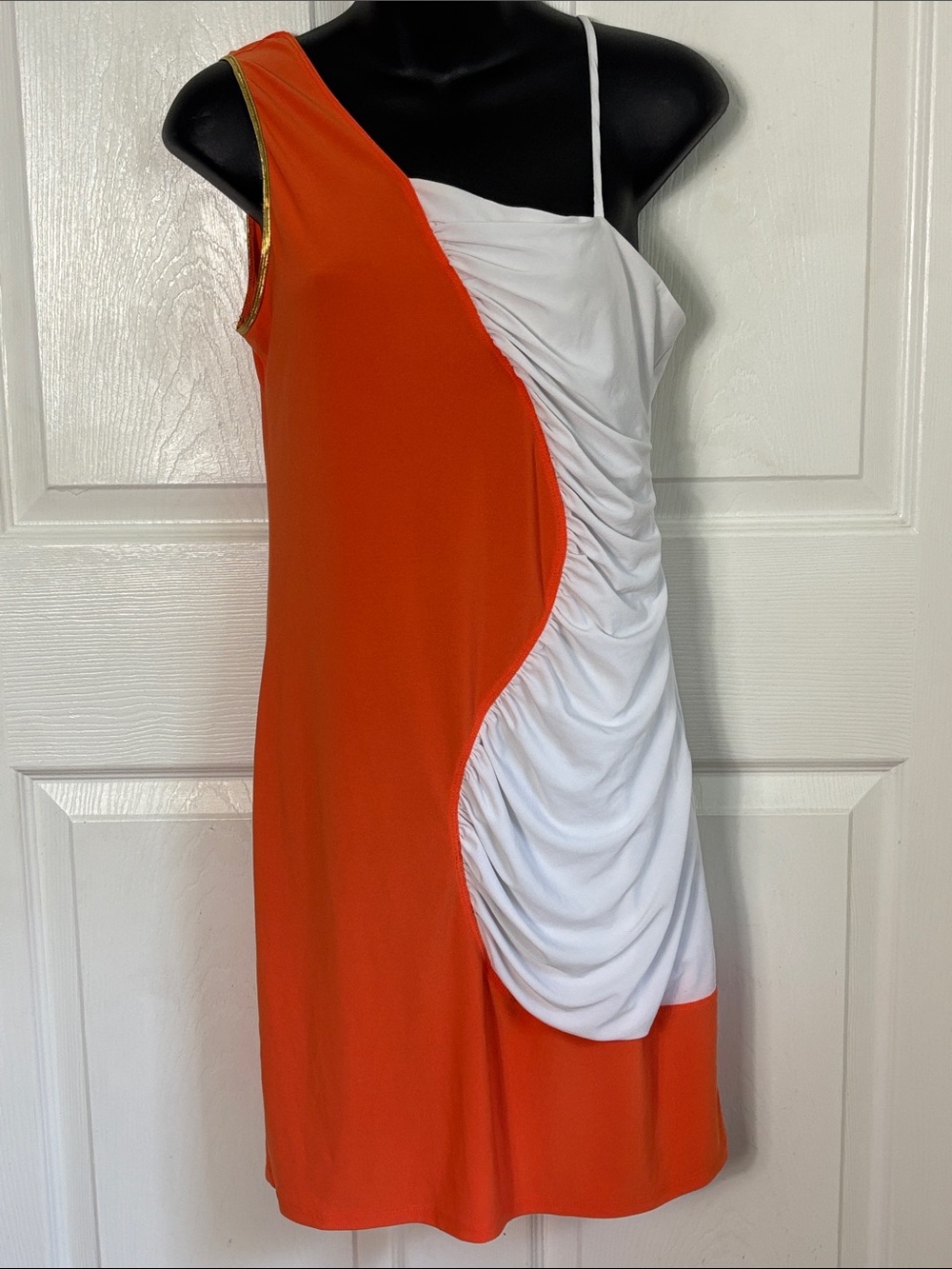 Orange and White One-Shoulder Ruched Cocktail Dress by Blush Sz Large Gold Trim